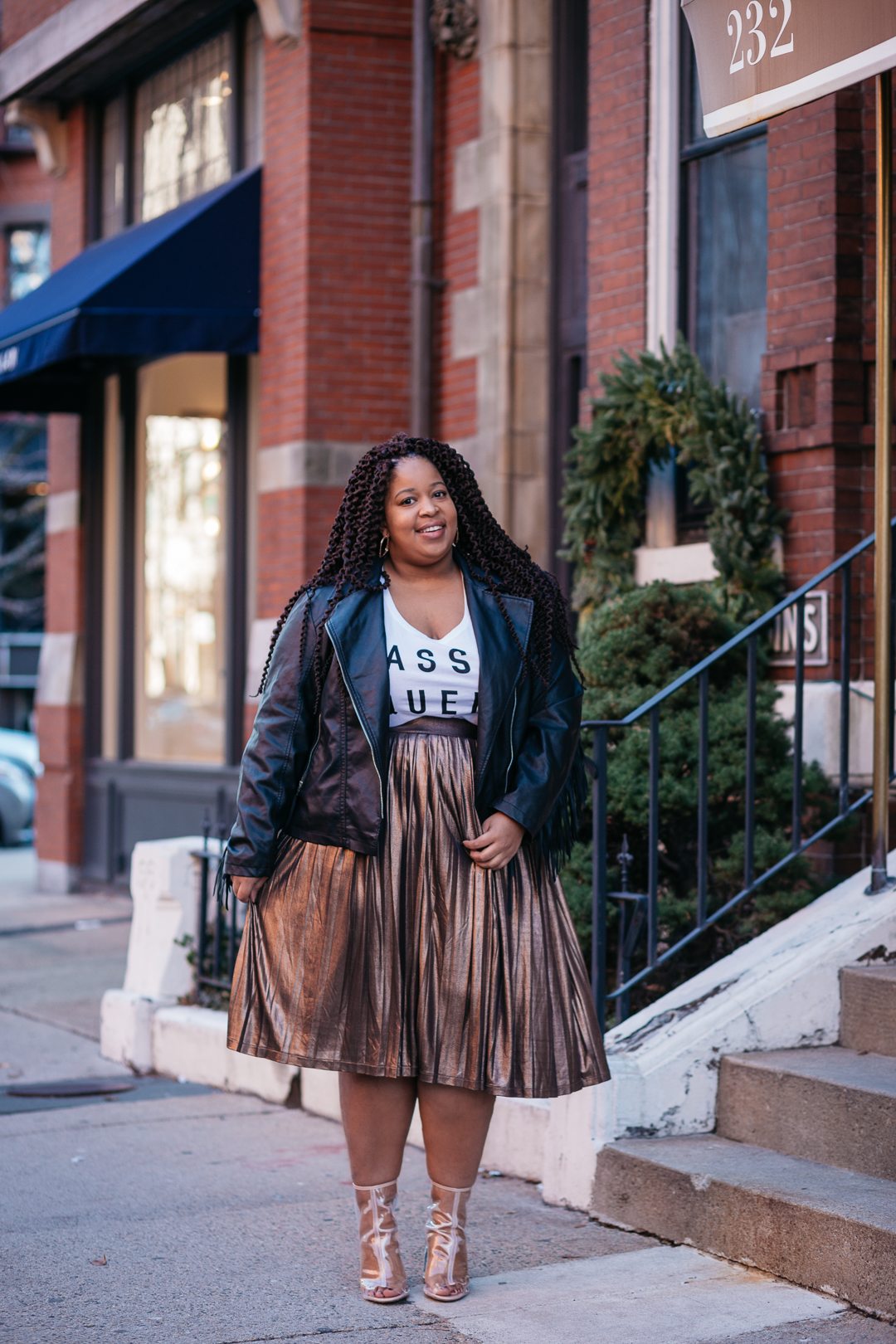 Plus Size Blogger wearing Yas Queen Shirt and leather fringe jacket