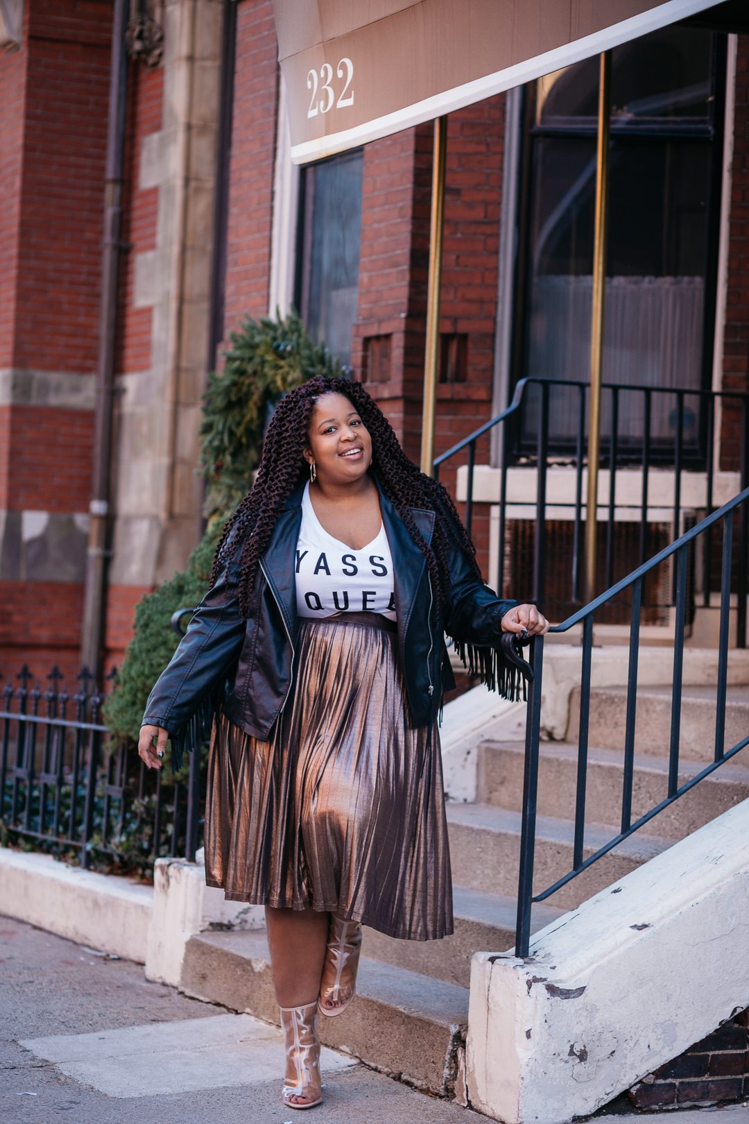 Plus Size Blogger wearing Yas Queen Shirt and leather fringe jacket
