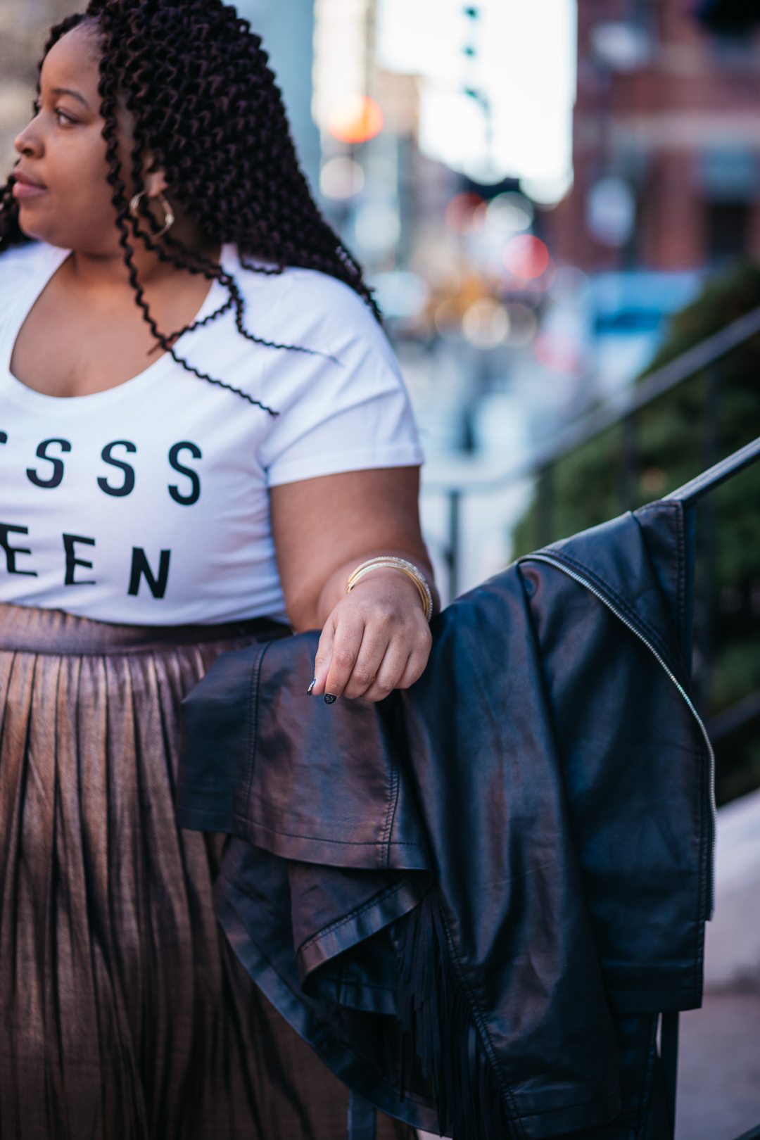 Plus Size Blogger wearing Yas Queen Shirt and leather fringe jacket